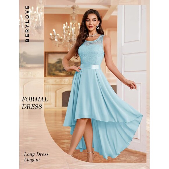 BeryLove Women Light Blue Chiffon Scoop Neck Sleeveless Lace Cocktail Dress - Picture 4 of 7